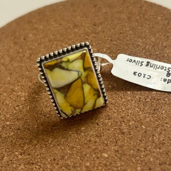 Yellow Honey Dahlia Turquoise 925 Sterling Silver Square Ring Size 9 New - Picture 2 of 8